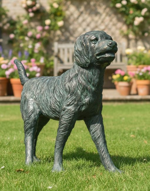 Digital Illustration of "Sunny" the Verdigris Retriever Dog Sculpture on a Garden Lawn