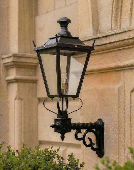 Digital Illustration of the 102 x 54cm Black Dorchester Wall Lantern on a Royale Bracket Mounted on a Grand Building Entranceway Wall
