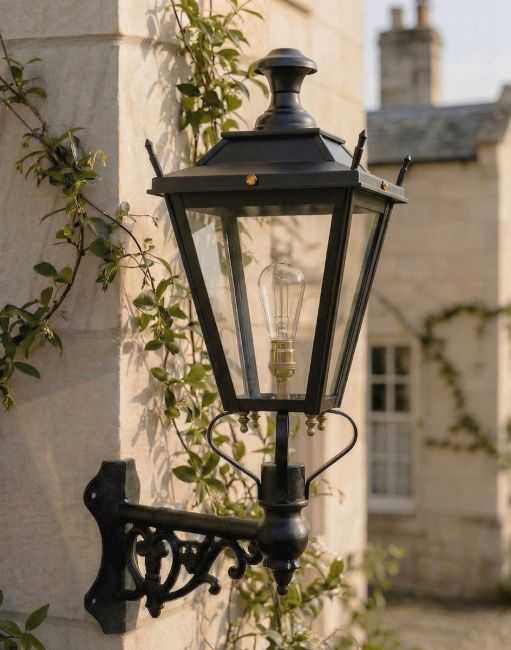 Digital Illustration of the 102 x 54cm Black Dorchester Wall Lantern on Corner Bracket Mounted on a Traditional Sandstone Brick Wall