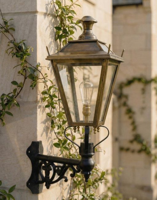 Digital Illustration of the 102 x 54cm Brass Dorchester Wall Lantern on Corner Bracket Mounted on a Light Coloured Sandstone Brick Wall