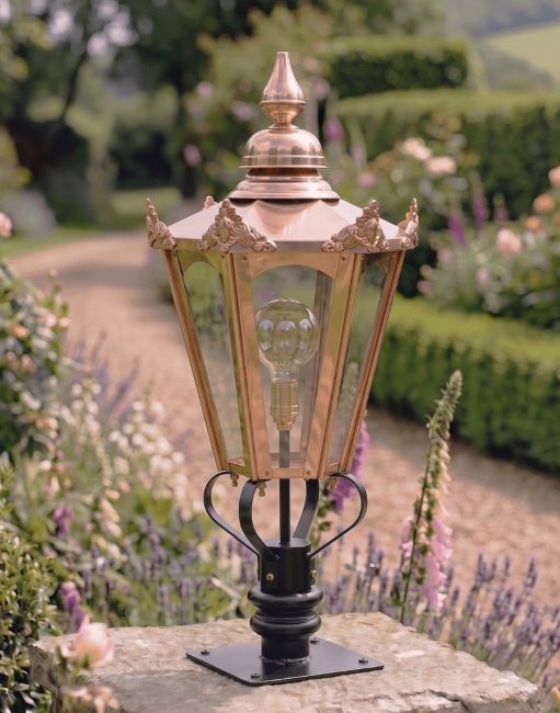 Digital Illustration of the 102cm Copper Hexagonal Pillar Light and Lantern Set Mounted on a Rustic Stone Garden Pillar