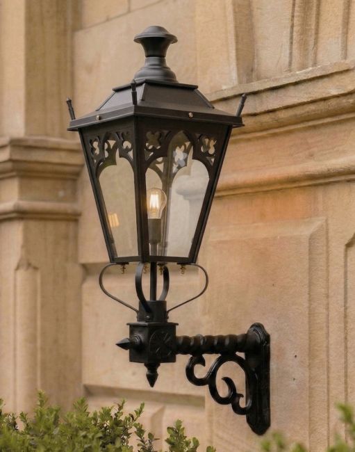 Digital Illustration of the 102cm x 54cm Black Gothic Wall Lantern on a Royale Bracket Mounted on a Grand Building Entranceway