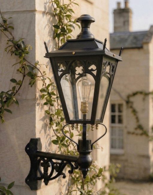 Digital Illustration of the 102cm x 54cm Black Gothic Wall Lantern on Corner Bracket Mounted on a Sandstone Brick Sunny Garden Wall