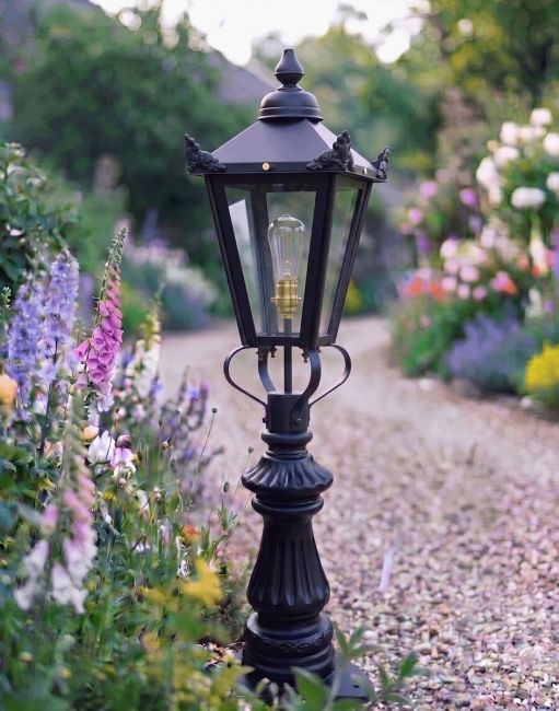 Digital Illustration of the 103cm Black Victorian Fluted Patio & Driveway Light Placed on a Flowery Garden Drive Entrance