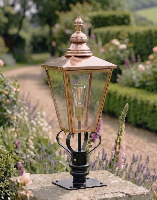 Digital Illustration of the 105cm Copper Rochester Entrance Pillar Light Mounted on a Stone Garden Wall Pillar