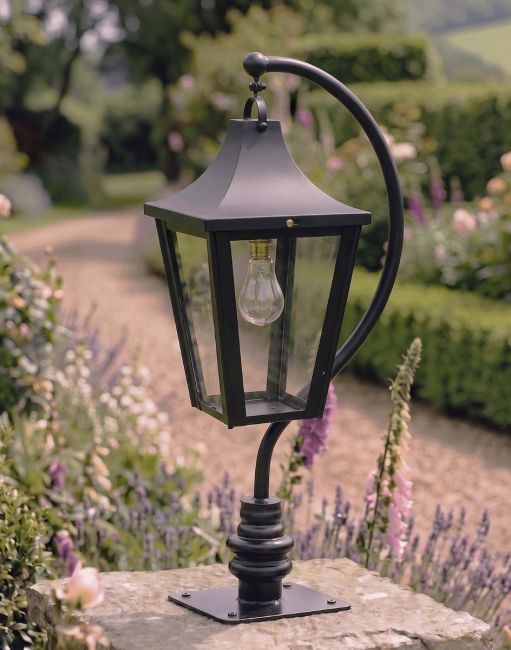 Digital Illustration of the 106cm Black Swan Neck Pillar & Lantern Mounted on a Stone Garden Wall Pillar