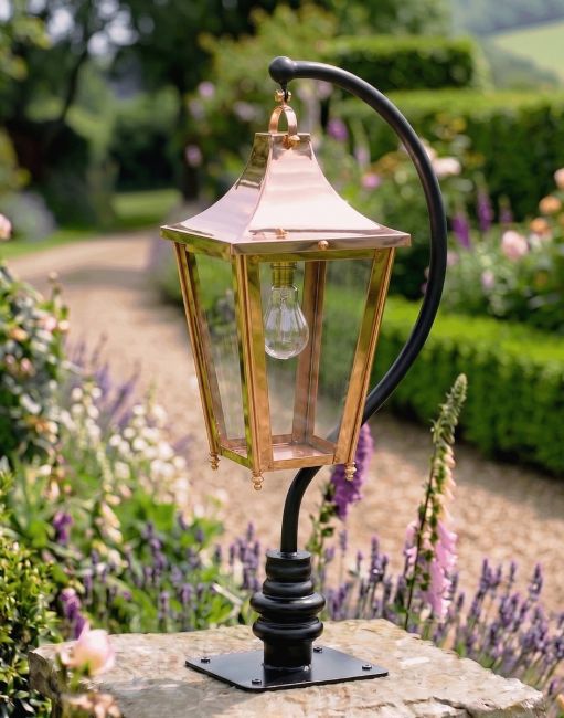 Digital Illustration of the 106cm Copper Swan Neck Pillar & Lantern Mounted on a Stone Garden Wall Pillar