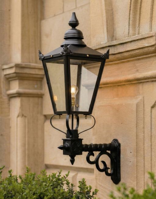 Digital Illustration of the 115 x 51cm Victorian Lantern on Royale Bracket Mounted on aTraditional Sandstone Building Entrance