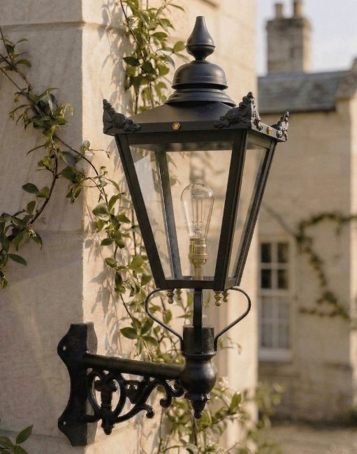 Digital Illustration of the 115 x 51cm Victorian Wall Lantern on Corner Bracket Mounted on a Sandstone Brick Garden Wall