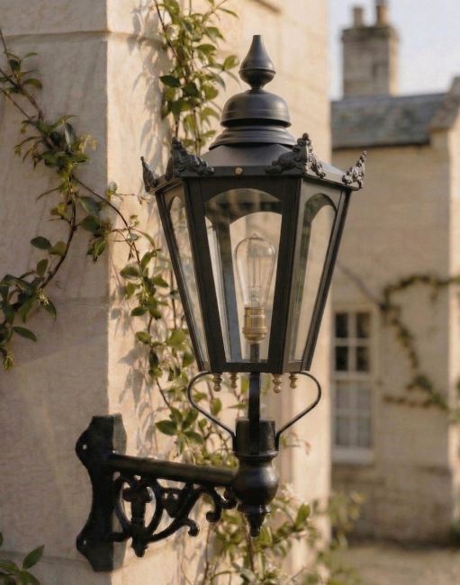 Digital Illustration of the 115 x 53cm Black Hexagonal Wall Lantern on Corner Bracket Mounted on a Light Sandstone Brick Wall