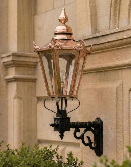 Digital Illustration of the 115 x 53cm Copper Hexagonal Wall Lantern on a Royale Bracket Mounted on a Grand Entranceway Wall