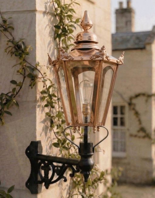 Digital Illustration of the 115 x 53cm Copper Hexagonal Wall Lantern on Corner Bracket Mounted on a Sandstone Brick Wall Building Digital Illustration of the 115 x 53cm Copper Hexagonal Wall Lantern on Corner Bracket Mounted on a Sandstone Brick Wall Building