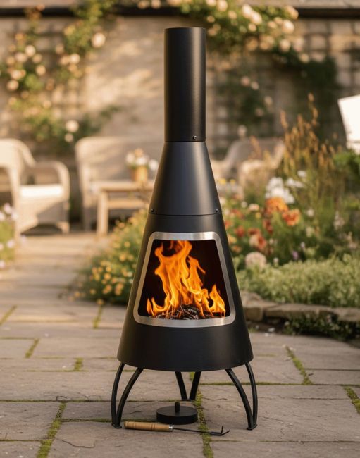 Digital Illustration of the 125cm Black & Steel Finish Contemporary Chimenea in a Sunny Walled Garden
