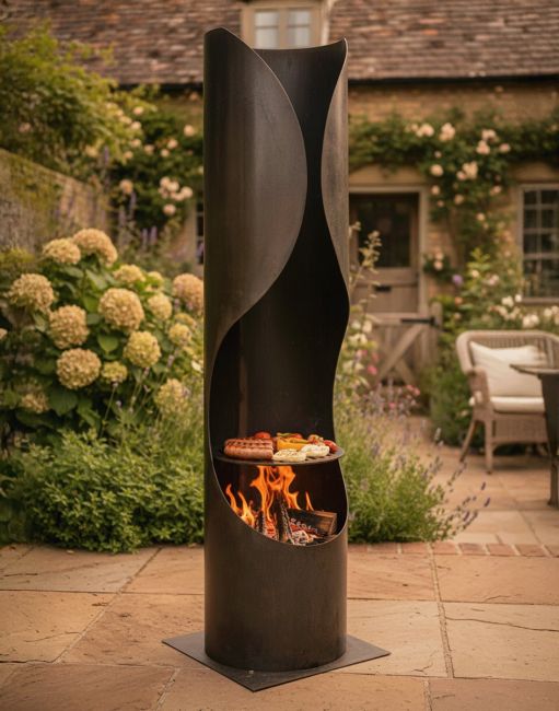 Digital Illustration of the 152cm Curved Chimenea With Swing Arm Grill in Front of a Traditional Cottage Garden