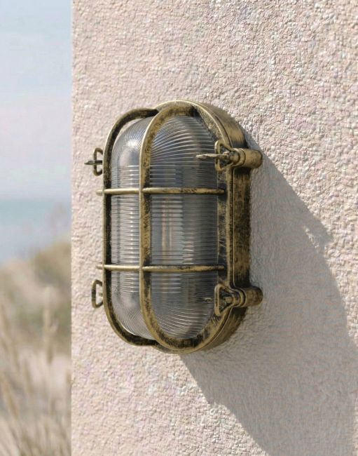 Digital Illustration of the 20cm Brushed Brass Nautical "Skipper" Bulkhead Wall Light Mounted on a White Textured Wall
