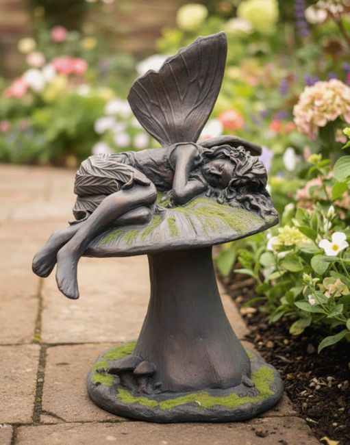 Digital Illustration of the "Amanita" the Slumbering Resin Fairy Garden Sculpture Placed at the Edge of a Flowery Garden Border