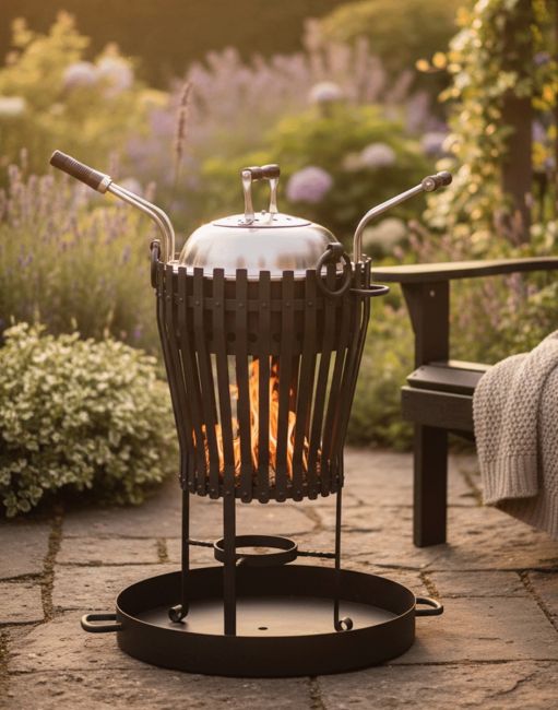 Digital Illustration of the "Deluxe Vulcan" Black Stainless Steel Brazier & BBQ Shown Fully Lit in a Traditional Garden Scene