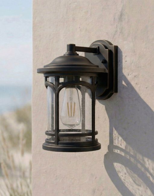 Digital Illustration of the "Halsall" Traditional Bronze Standard Wall Light Mounted on a Textured Cream Garden Wall