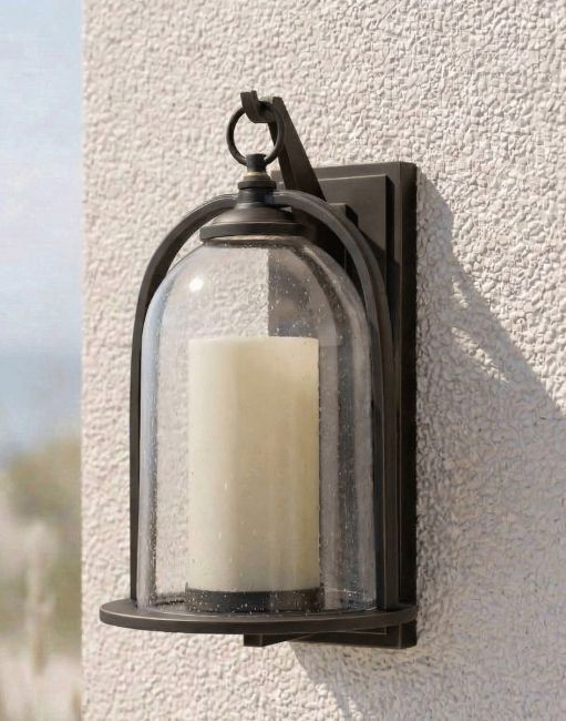 Digital Illustration of the "Maine" Traditional Large Bronze Lantern with Candle Effect Mounted on a Textured Exterior Wall Digital Illustration of the "Maine" Traditional Large Bronze Lantern with Candle Effect Mounted on a Textured Exterior Wall