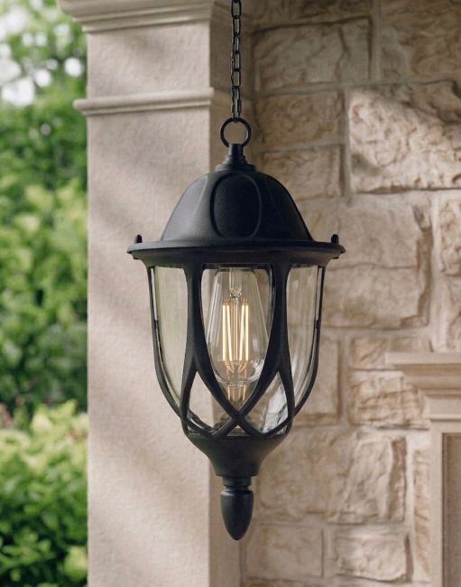 Digital Illustration of the "Middleton" Chain Hanging Porch Light Suspended Above a Stone Porch