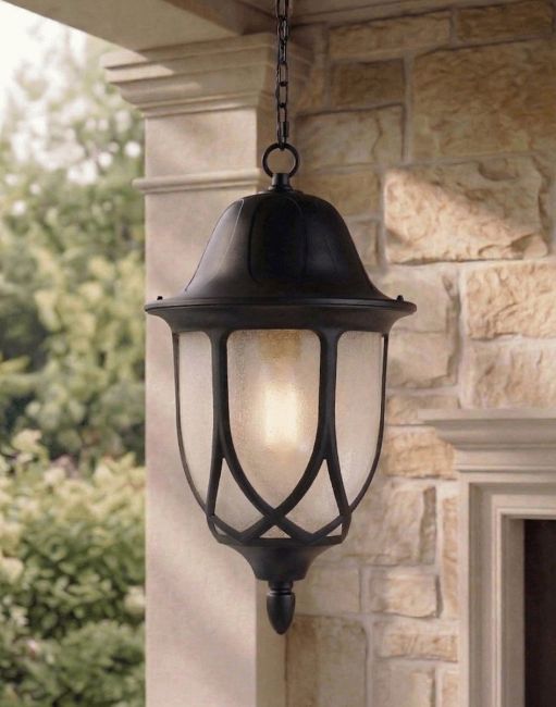 Digital Illustration of the "Oakham" Chain Hanging Porch Light Suspended over a Stone Entranceway