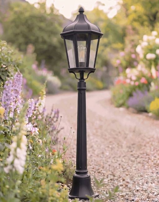 Digital Illustration of the "The Grange" Traditional Hexagonal Pillar Light Positioned on a Flowery Gravel Driveway Entrance 