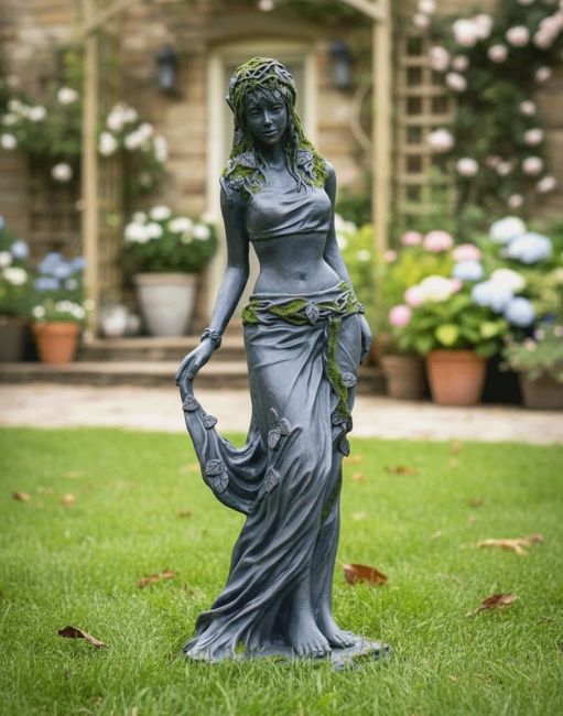 Digital Illustration of the "Vesper the Wanderer" Resin Fairy Garden Sculpture Positioned in front of a Countryside Cottage Garden