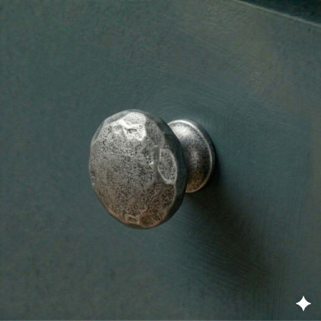 Digital Illustration of the 33mm Hammered Cast Iron Cabinet Knob Mounted on a Dark Blue Cupboard Door