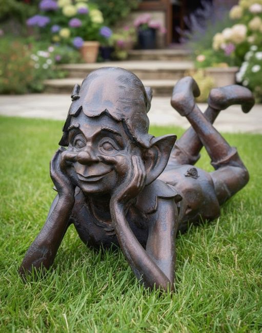 Digital Illustration of the 42cm Bronze and Verdigris "Daydreamer Pixie" Resin Garden Sculpture Lying on a Garden Lawn with Flowers in the Background Digital Illustration of the 42cm Bronze and Verdigris "Daydreamer Pixie" Resin Garden Sculpture Lying on a Garden Lawn with Flowers in the Background