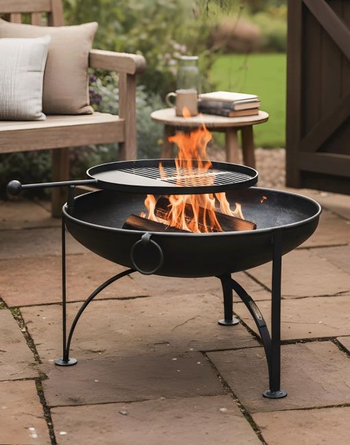 Digital Illustration of the 60cm Version of the Simple "Plain Jane" Fire Bowl with Swing Arm Barbecue Rack on a Garden Patio