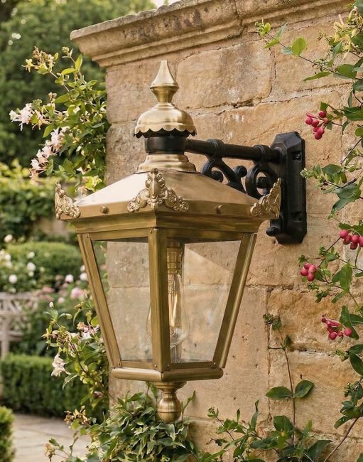 Digital Illustration of the 61 x 46cm Standard Antique Brass Hanging Wall Lantern Mounted on a Traditional Stone Garden Wall