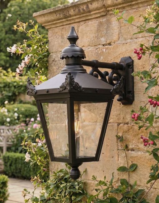 Digital Illustration of the 61 x 46cm Standard Victorian Top-Fix Wall Lantern Mounted on a Heritage Garden Stone Wall