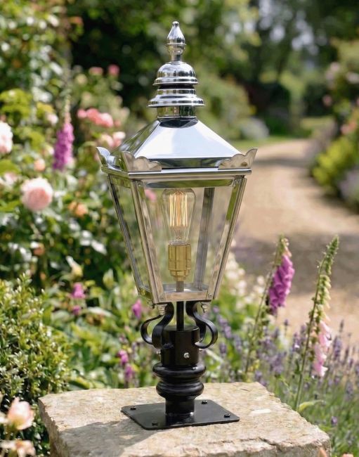 Digital Illustration of the 64cm Bright Chrome Harrogate Pillar Light and Lantern Set Mounted on a Stone Garden Pillar