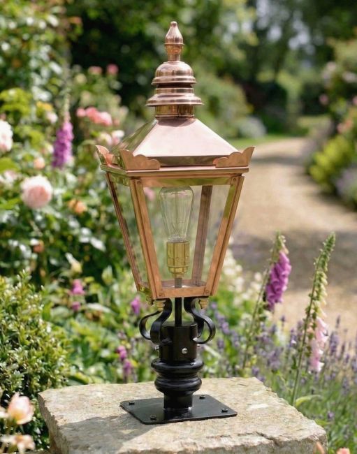 Digital Illustration of the 64cm Copper Harrogate Pillar Light and Lantern Set Mounted on a Garden Pillar from an Angled View