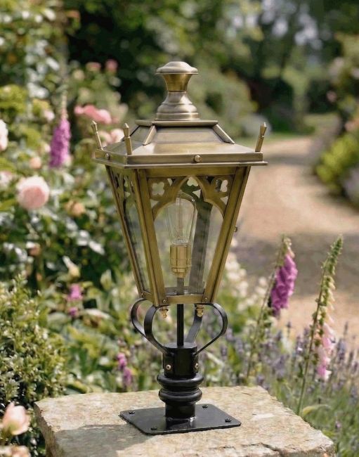 Digital Illustration of the 71cm Brass Gothic Pillar Light and Lantern Set Mounted on a Stone Garden Pillar from an Angled View