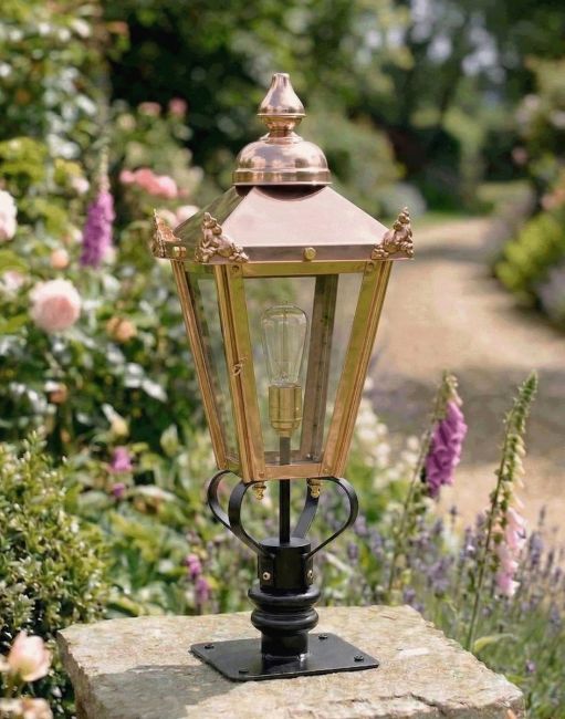Digital Illustration of the 71cm Copper Victorian Pillar Light and Lantern Set Mounted on a Sunny Garden Pillar