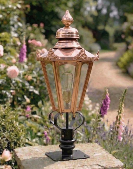 Digital Illustration of the 76cm Copper Hexagonal Pillar Light and Lantern Set Mounted on a Stone Garden Pillar Viewed from an Angle