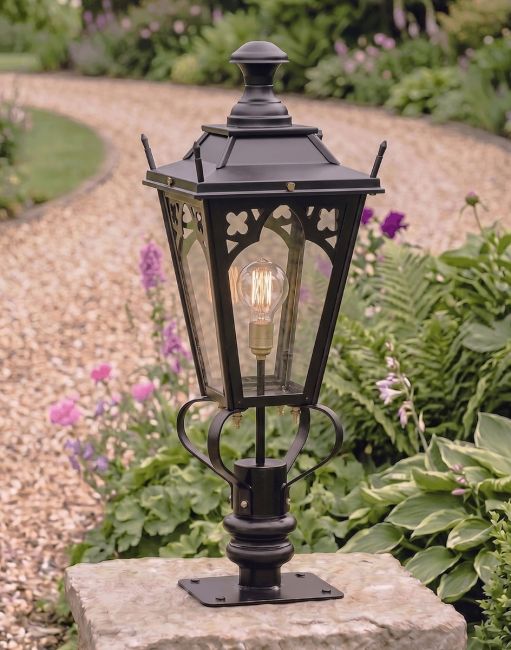 Digital Illustration of the 81cm Black Gothic Pillar Light and Lantern Set Mounted on a Stone Garden Wall Pillar