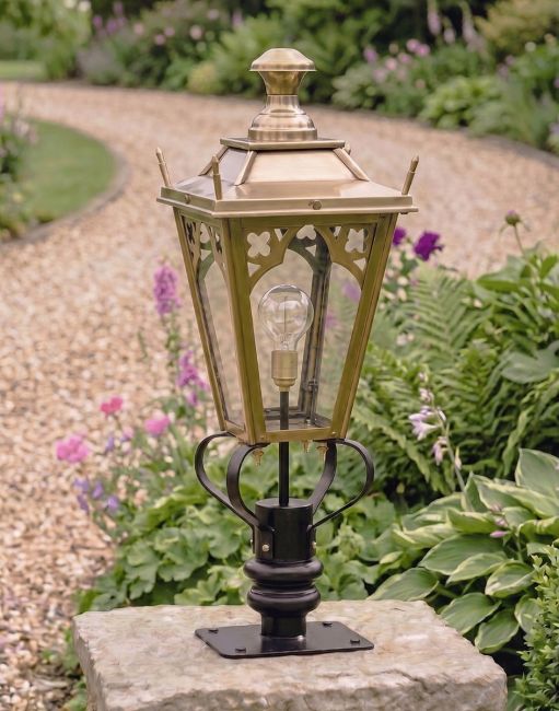 Digital Illustration of the 81cm Brass Gothic Pillar Light and Lantern Set Mounted on a Stone Garden Wall Pillar
