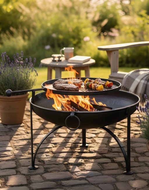 Simple Kadai Fire Bowl with Swing Arm Barbecue Rack to Scale