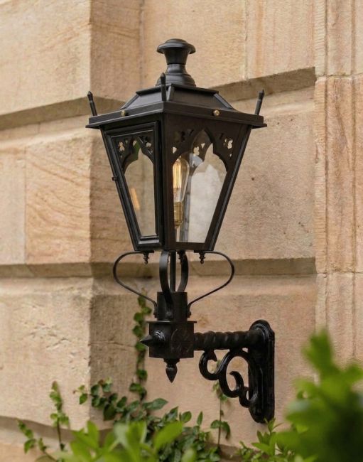 Digital Illustration of the 84 x 37cm Black Gothic Wall Lantern on a Royale Bracket Mounted on a Sandstone Brick Property Entrance