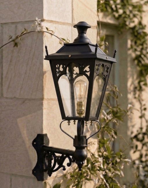 Digital Illustration of the 84 x 37cm Black Gothic Wall Lantern on Corner Bracket Mounted on a Sandstone Brick Building