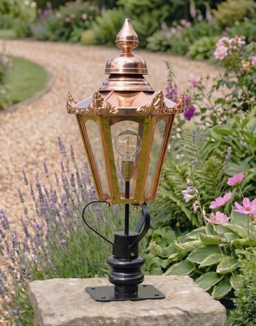 Digital Illustration of the 86cm Copper Hexagonal Pillar Light and Lantern Set Mounted on a Stone Garden Wall Pillar