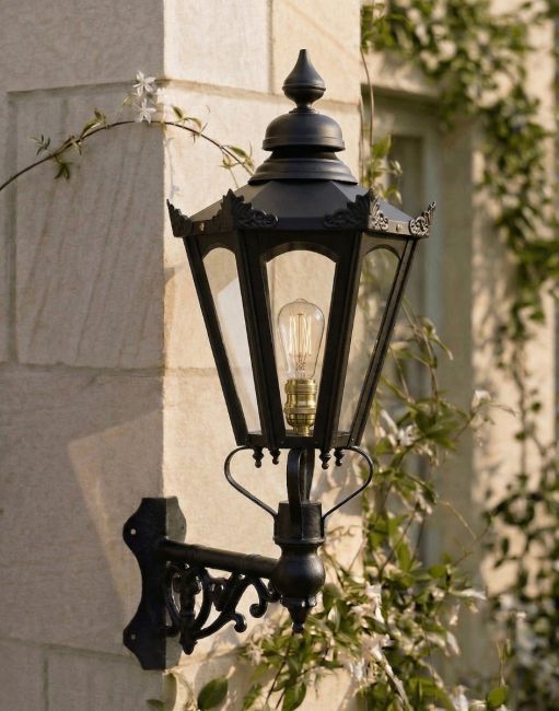 Digital Illustration of the 88 x 33cm Black Hexagonal Wall Lantern on Corner Bracket Mounted on a Sandstone Brick Garden Wall