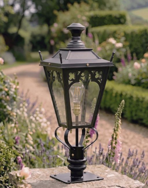 Digital Illustration of the 90cm Black Gothic Pillar Light and Lantern Set Mounted on a Stone Garden Pillar