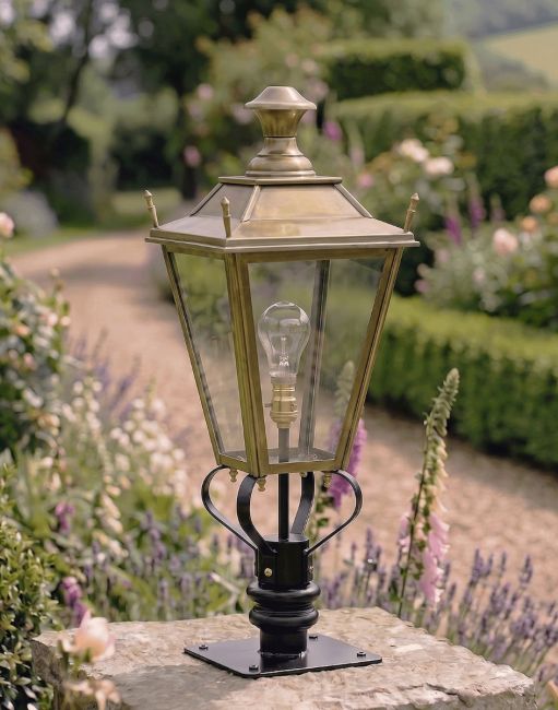Digital Illustration of the 90cm Brass Dorchester Pillar Light and Lantern Set Mounted on a Stone Garden Pillar.