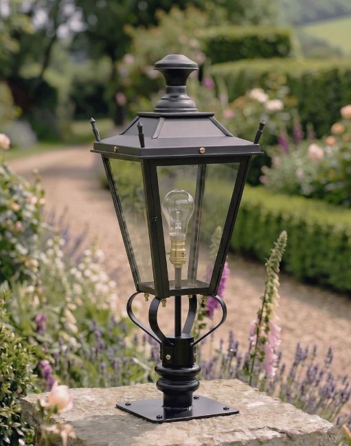 Digital Illustration of the 90cmBlack Dorchester Pillar Light and Lantern Set Mounted on a Rustic Stone Garden Pillar