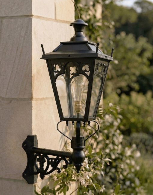 Digital Illustration of the 95 x 48cm Black Gothic Wall Lantern on a Corner Bracket Mounted on a Sandstone Brick Garden Building