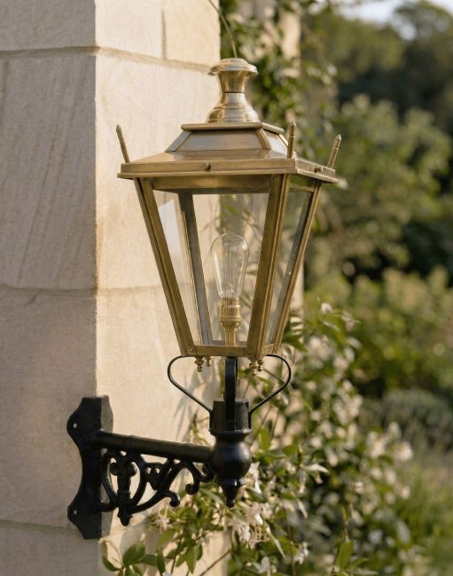 Digital Illustration of the 95 x 48cm Brass Dorchester Wall Lantern on a Corner Bracket Mounted on a Sandstone Brick Garden Wall Digital Illustration of the 95 x 48cm Brass Dorchester Wall Lantern on a Corner Bracket Mounted on a Sandstone Brick Garden Wall