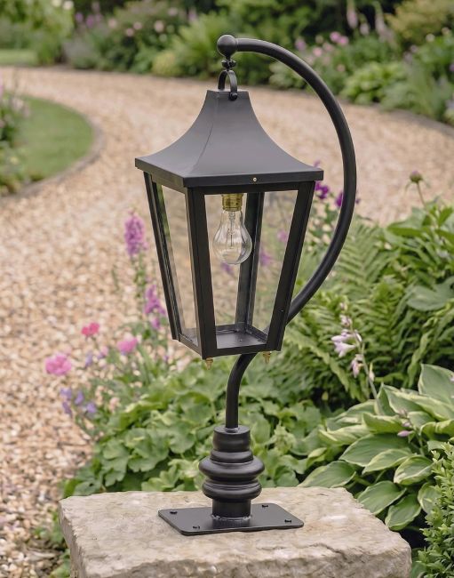 Digital Illustration of the 96cm Black Swan Neck Pillar Light & Lantern Set Mounted on a Stone Garden Wall Pillar 